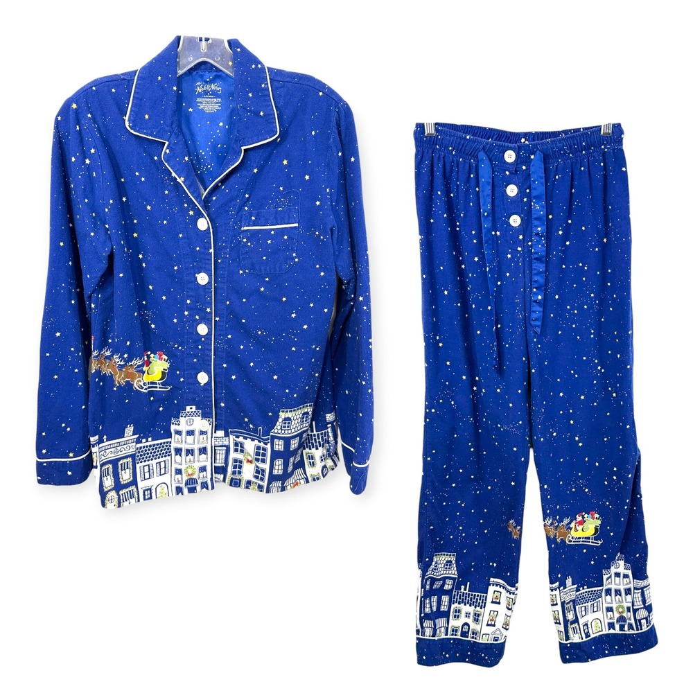 Nick & Nora Small Pajama Set Blue Flannel Christmas Village Santa Top Pants 473